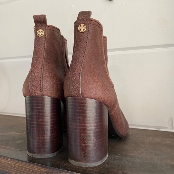 Tory Burch leather sueded brown stacked heel ankle boots booties  size 8M - Picture 4 of 8